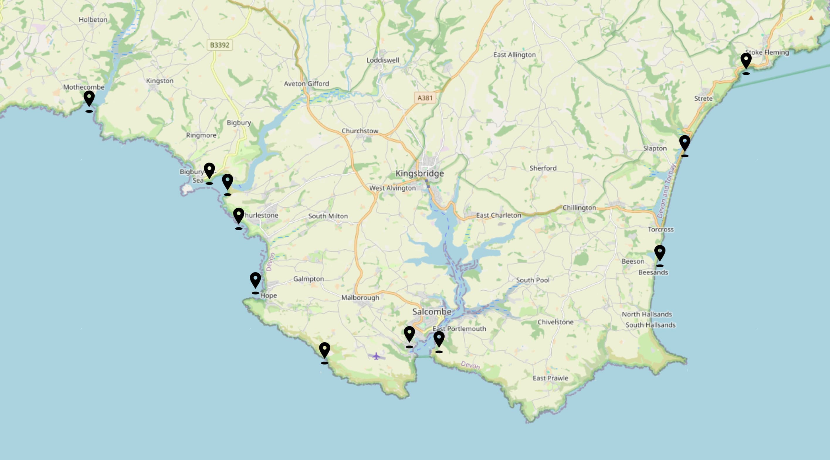 Map of the South Hams coastline and its beaches